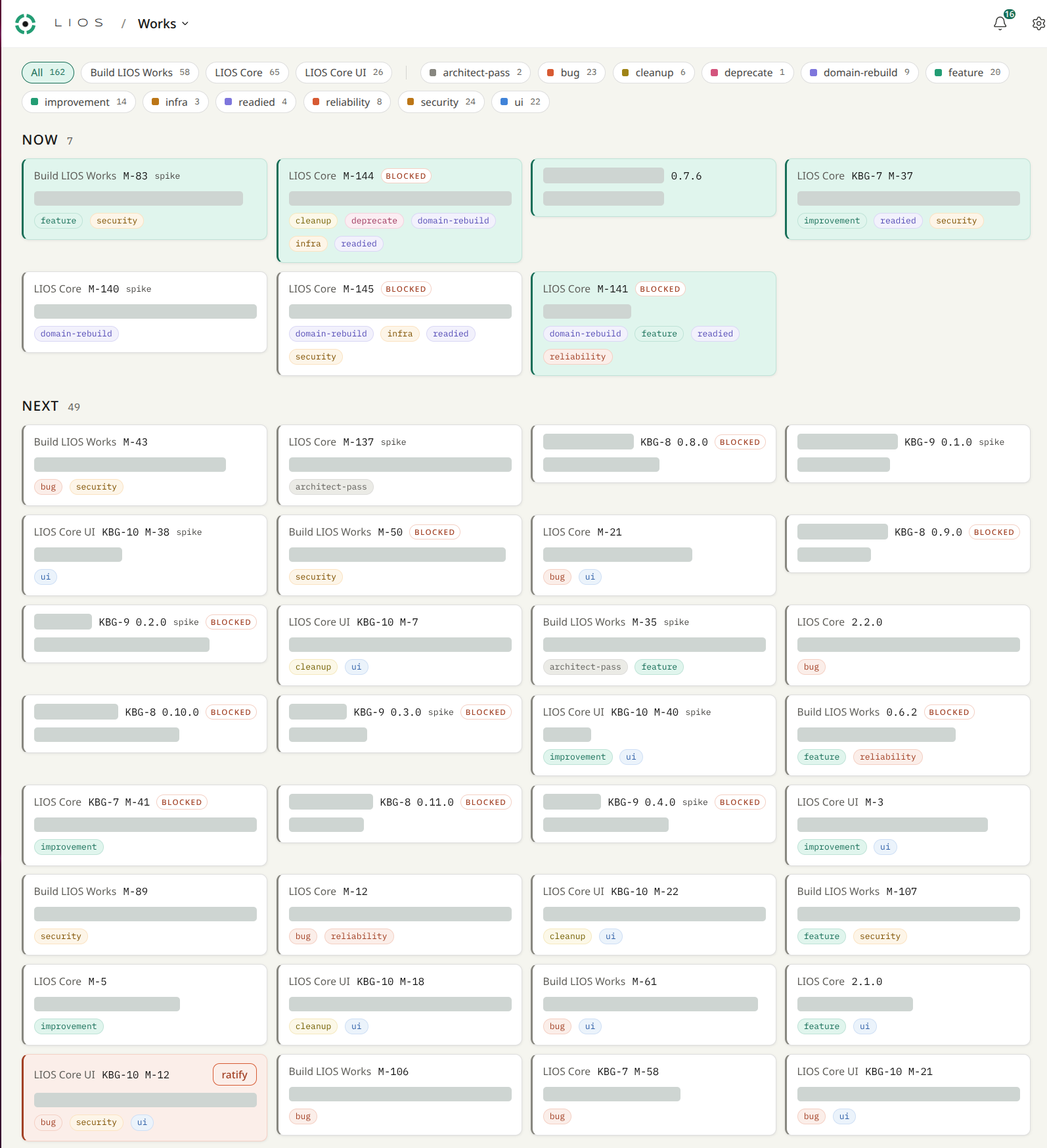 The LIOS Works board. Seven cards sit under Now, including spikes and blocked items, with forty-nine more queued under Next. Titles are redacted; labels such as feature, security, domain-rebuild and readied remain visible.